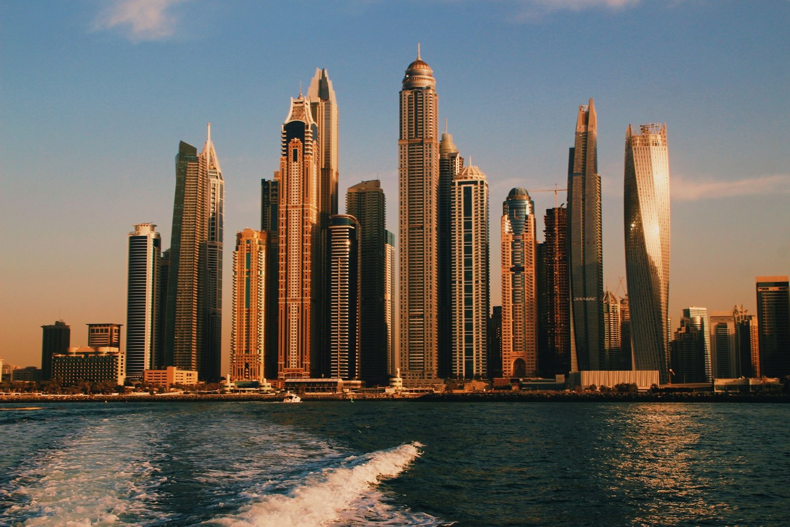 Dubai Marina skyline at sunset